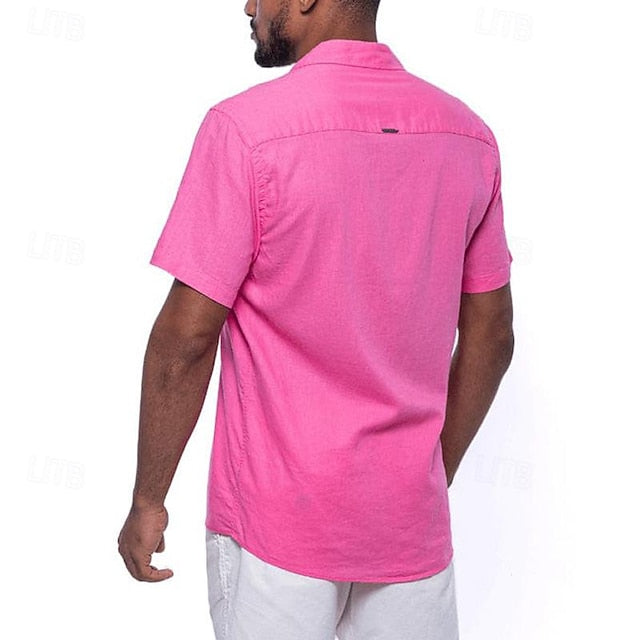 Chemise décontractée en coton et lin à manches courtes de couleur unie pour hommes