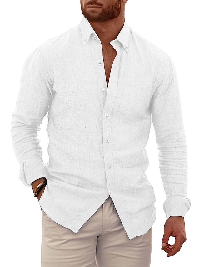 Chemise décontractée en coton et lin à manches longues de couleur unie pour hommes