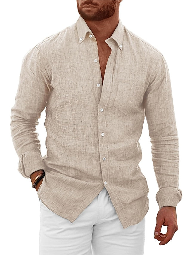 Chemise décontractée en coton et lin à manches longues de couleur unie pour hommes