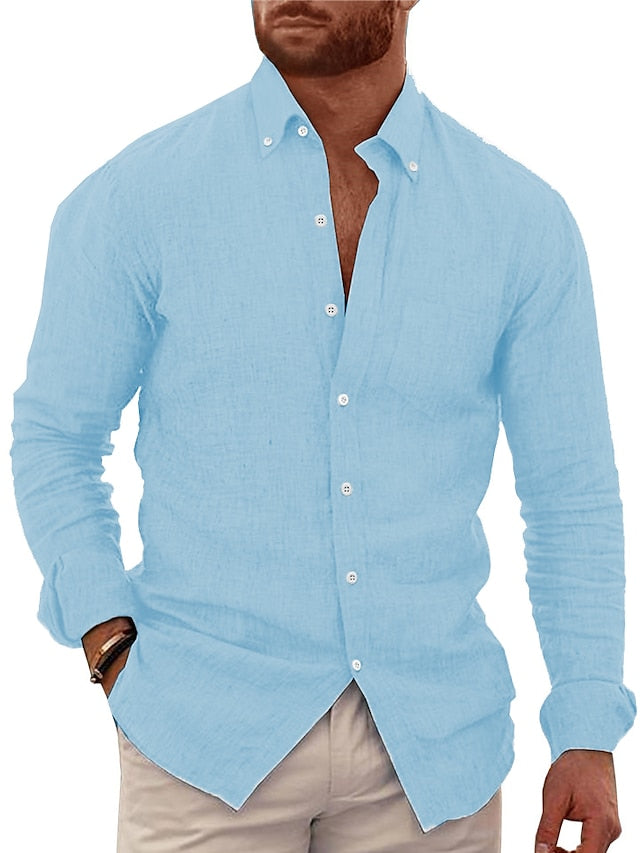 Chemise décontractée en coton et lin à manches longues de couleur unie pour hommes