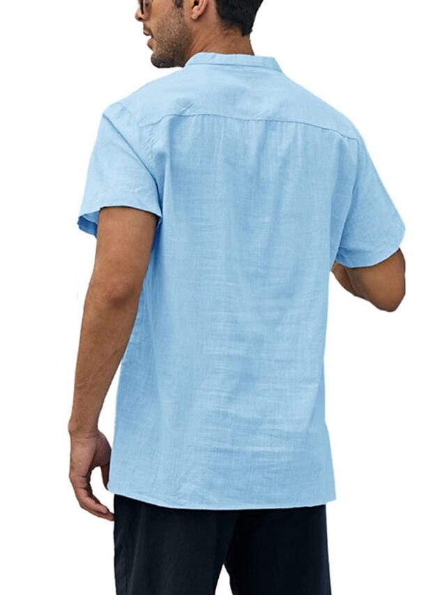 Chemise décontractée en coton et lin à manches courtes de couleur unie pour hommes