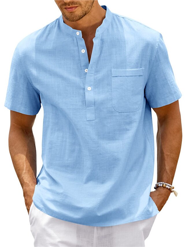 Chemise décontractée en coton et lin à manches courtes de couleur unie pour hommes