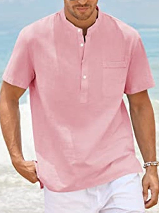 Chemise décontractée en coton et lin à manches courtes de couleur unie pour hommes