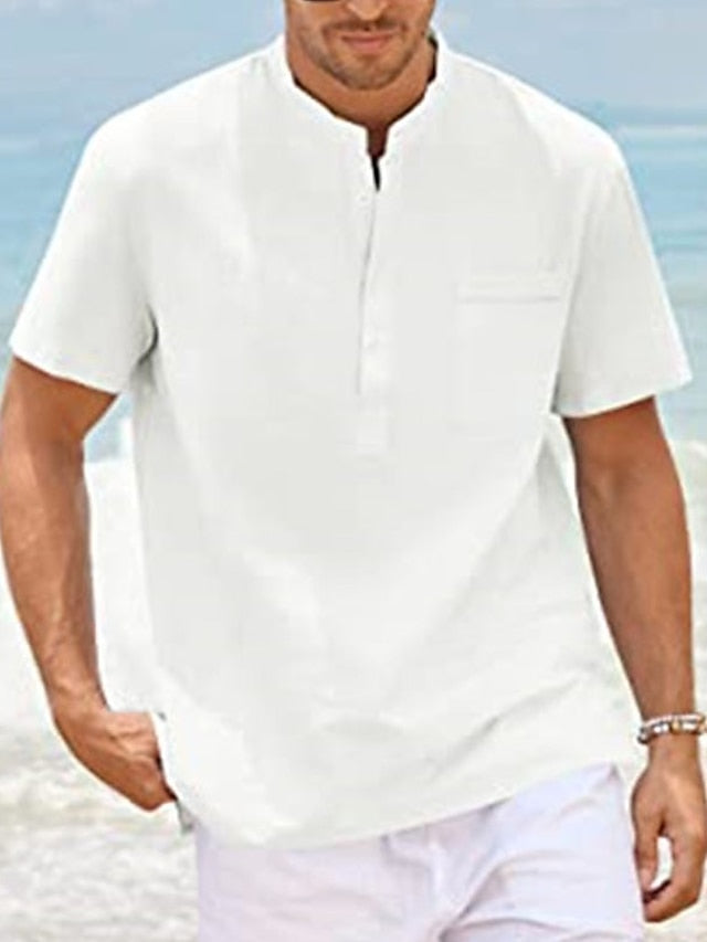 Chemise décontractée en coton et lin à manches courtes de couleur unie pour hommes