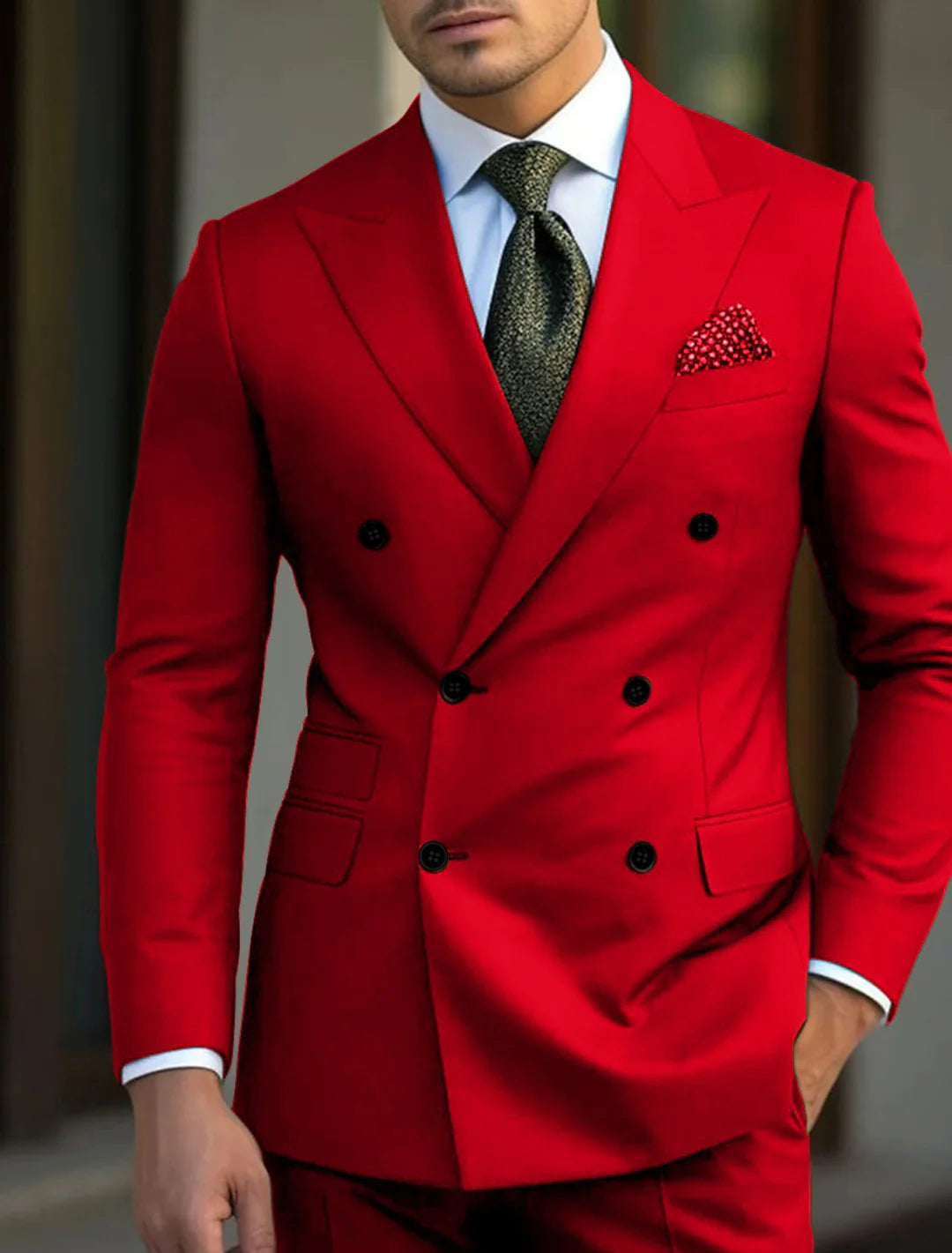 Costume de Mariage 2 Pièces Vert pour Homme, Coupe Ajustée, Croisé, Six Boutons, Couleur Unie