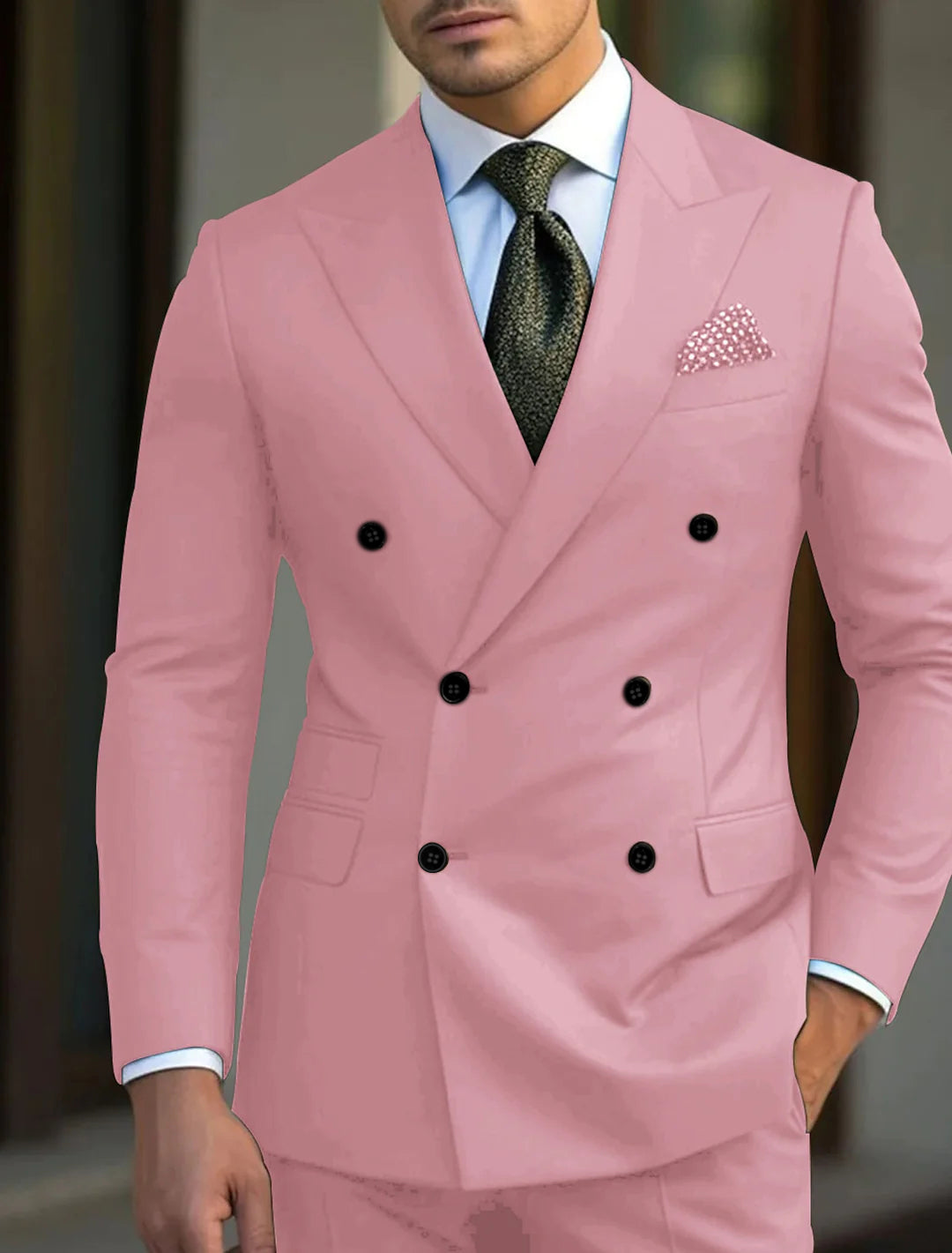 Costume de Mariage 2 Pièces Vert pour Homme, Coupe Ajustée, Croisé, Six Boutons, Couleur Unie