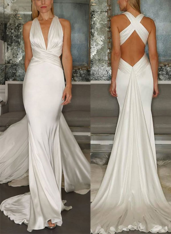 Robe de Mariée Longue Au Sol à Col en V et à Coupe Sirène