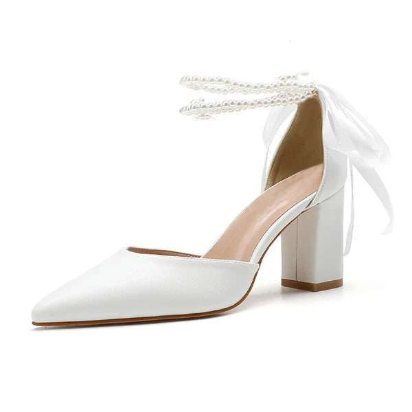 Chaussures de mariage pour femmes en simili cuir talon bloc bout pointu talons de mariage chaussures de mariée ruban de perles