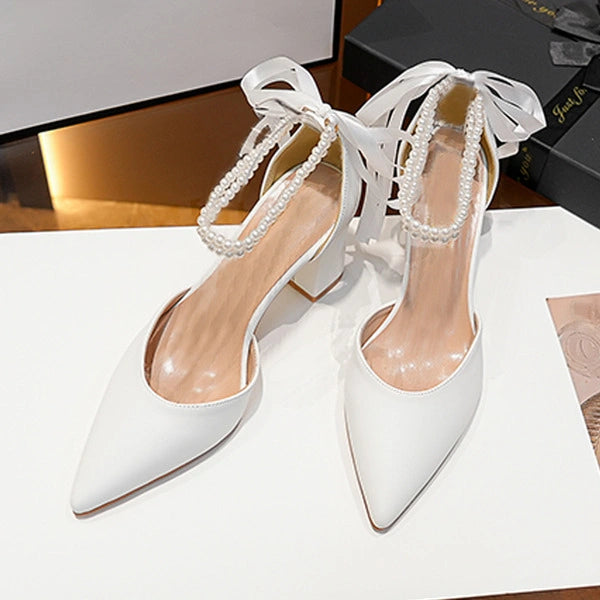 Chaussures de mariage pour femmes en simili cuir talon bloc bout pointu talons de mariage chaussures de mariée ruban de perles