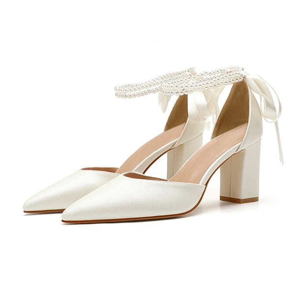 Chaussures de mariage pour femmes en simili cuir talon bloc bout pointu talons de mariage chaussures de mariée ruban de perles