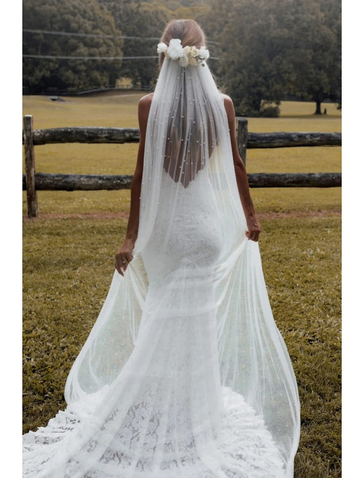Voile de Mariée Cathédrale à Un Niveau de Style Vintage / Perles avec Fausse Perle 110,24 Po (280 Cm) Tulle