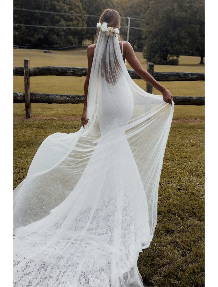 Voile de Mariée Cathédrale à Un Niveau de Style Vintage / Perles avec Fausse Perle 110,24 Po (280 Cm) Tulle