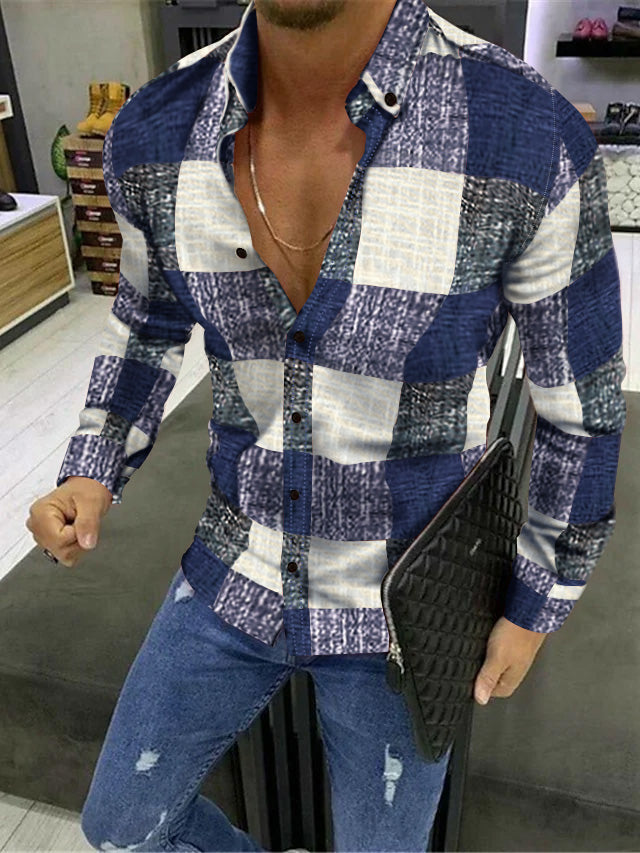 Chemise Décontractée à Manches Longues en Coton Mélangé à Carreaux et Blocs de Couleurs pour Hommes