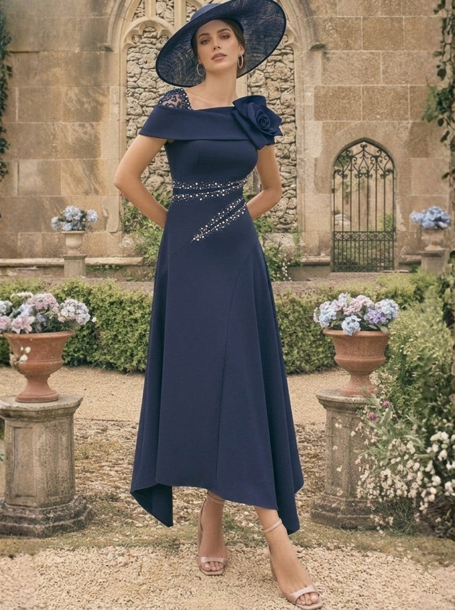 Robes pour mère de la mariée, coupe A ou princesse, longueur cheville, asymétriques, avec fleurs 3D