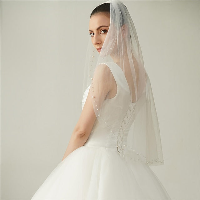 Voiles de Mariage en Perles à Un Niveau Voiles de Coude avec Fausse Perle