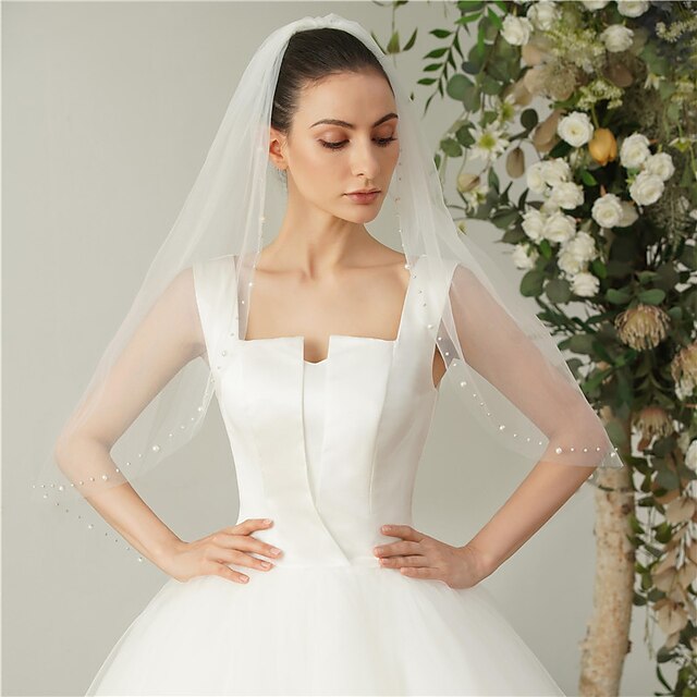 Voiles de Mariage en Perles à Un Niveau Voiles de Coude avec Fausse Perle