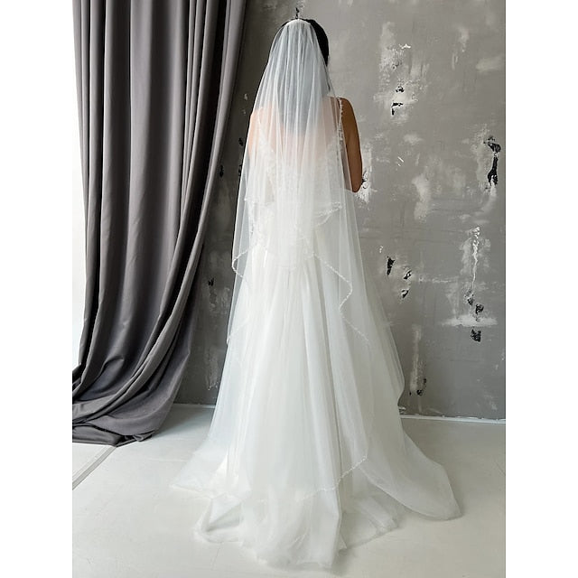 Voile de Chapelle de Mariage Élégant / Simple à Un Niveau avec Tulle Perlé
