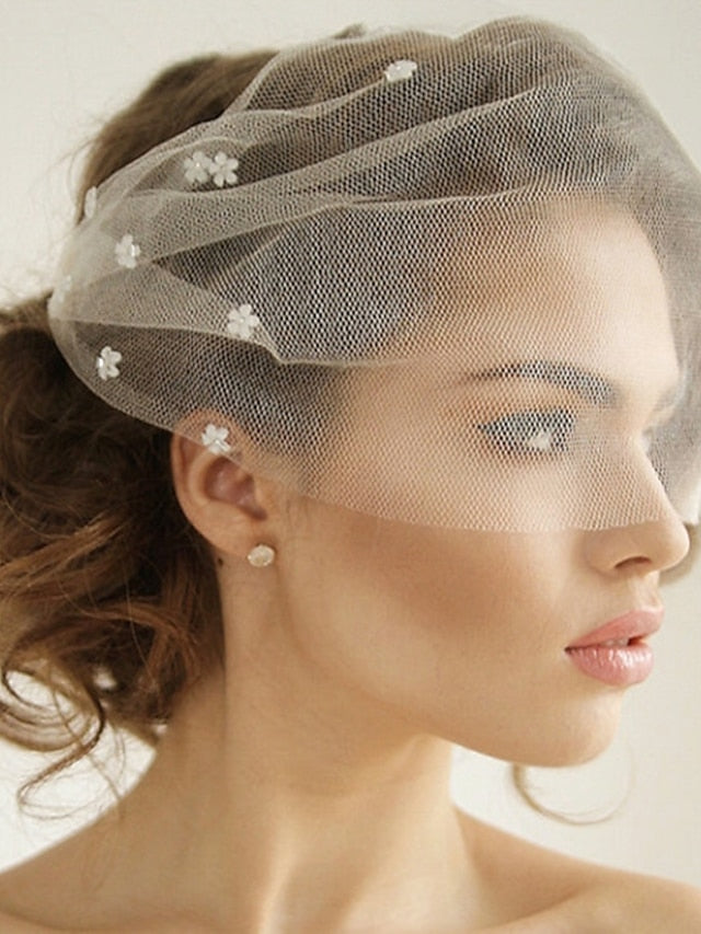 Voile de Mariage Vintage à Un Niveau, Voile Blusher avec Couleur Pure / Cristaux