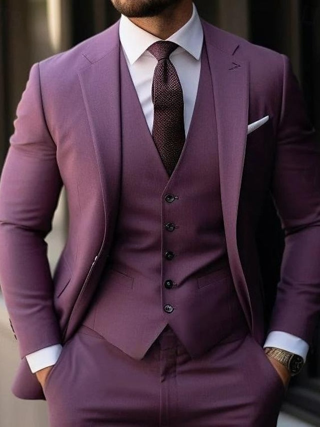 Costumes de Mariage 3 Pièces pour Hommes, Coupe Ajustée, Simple Boutonnage, Deux Boutons