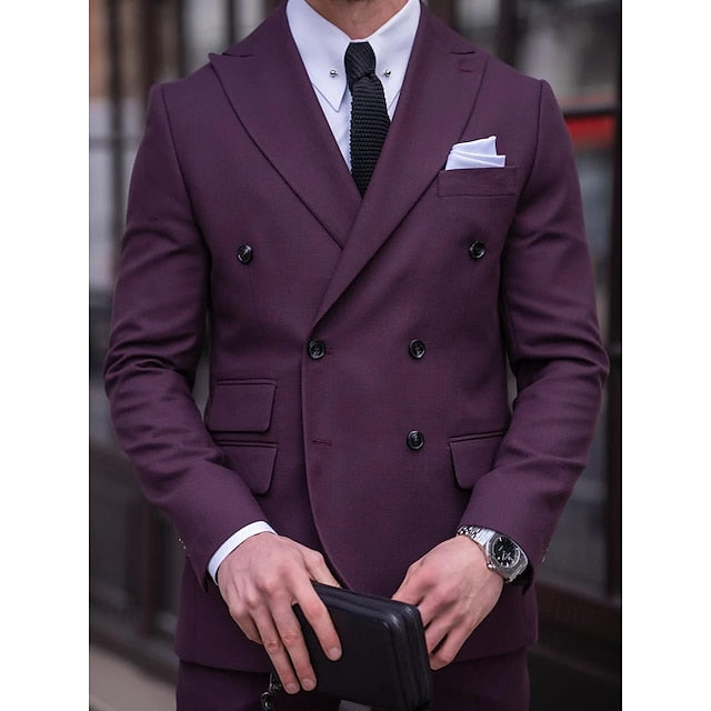 Costumes de Mariage 2 Pièces pour Hommes, Coupe Ajustée, Croisé, Six Boutons, Couleur Unie