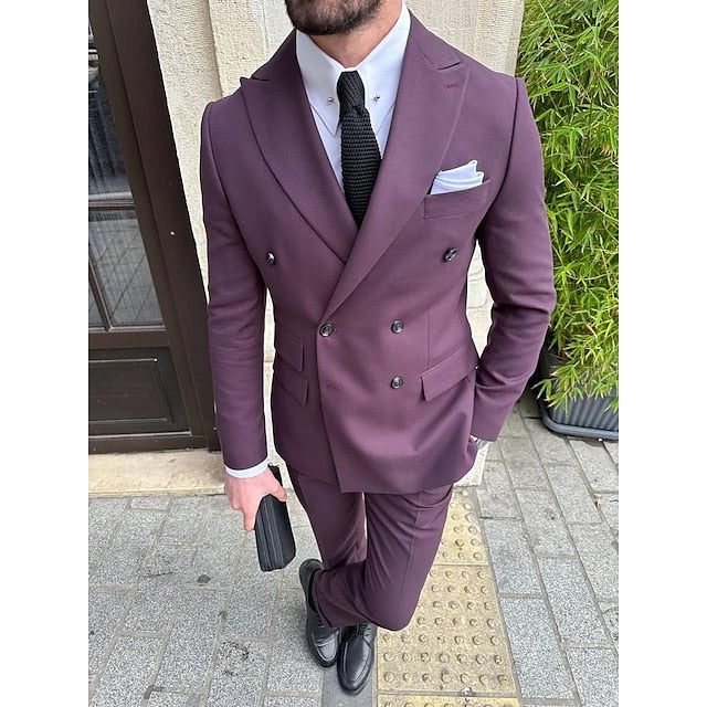 Costumes de Mariage 2 Pièces pour Hommes, Coupe Ajustée, Croisé, Six Boutons, Couleur Unie