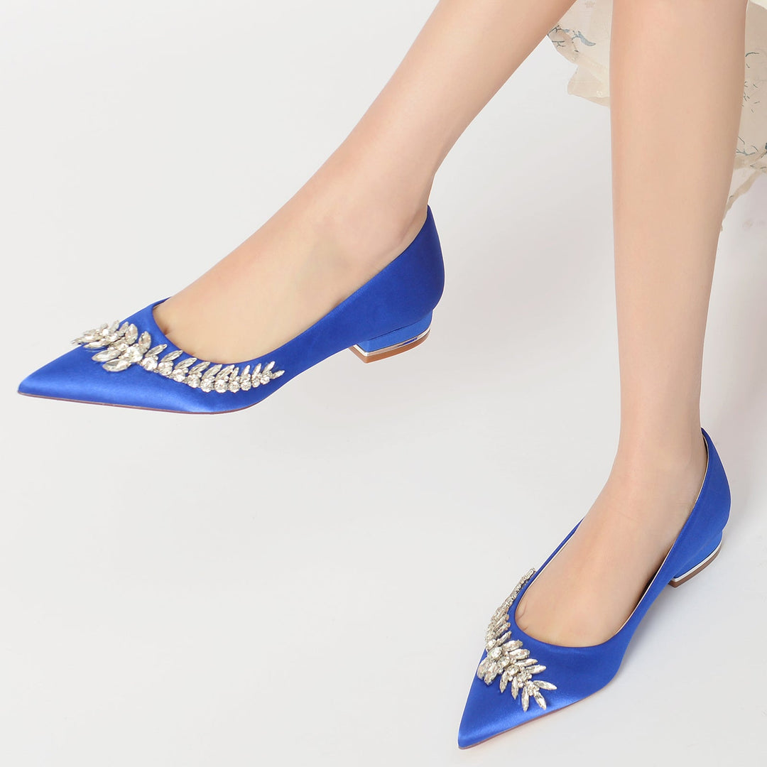 Chaussures de Mariage pour Femmes, Chaussures de Mariée Blanches à Talons Bas et Bout Pointu avec Strass Imitation