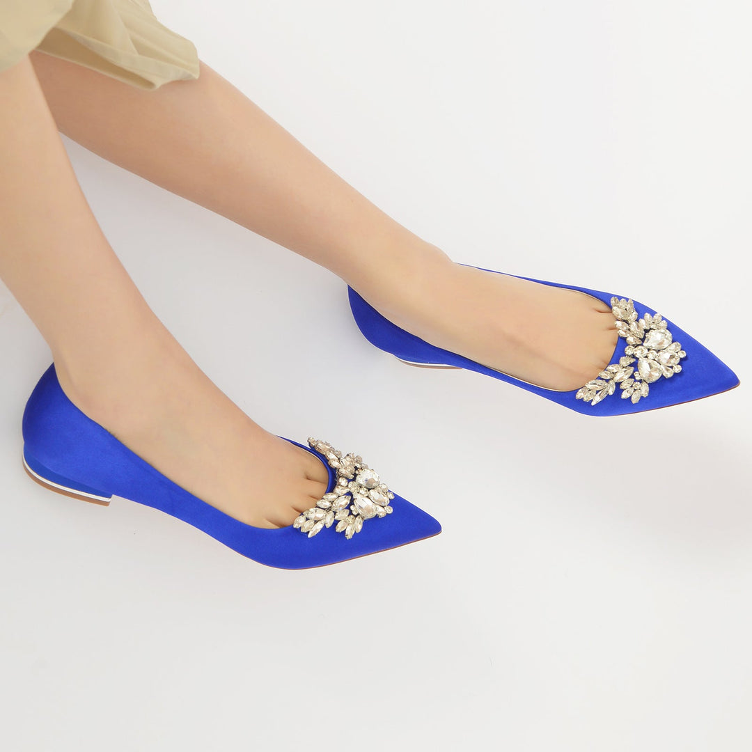 Chaussures de Mariage pour Femmes en Satin de Soie Strass Bout Pointu Bas Chaussures de Mariée Minimalistes