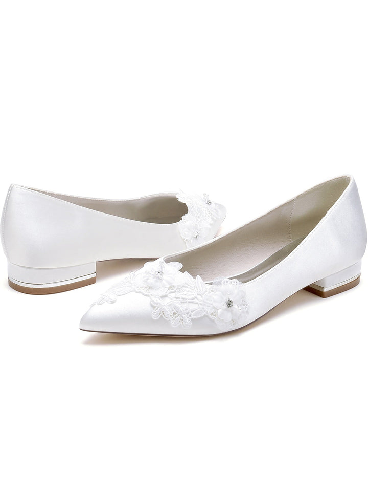 Chaussures de Mariée à Talon Plat et Bout Pointu pour Femmes avec Fleurs
