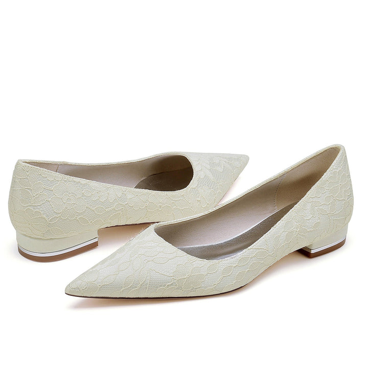 Chaussures de Mariage pour Femmes en Dentelle Délicate, Talon Bas, Bout Pointu, Chaussures de Mariée Confortables