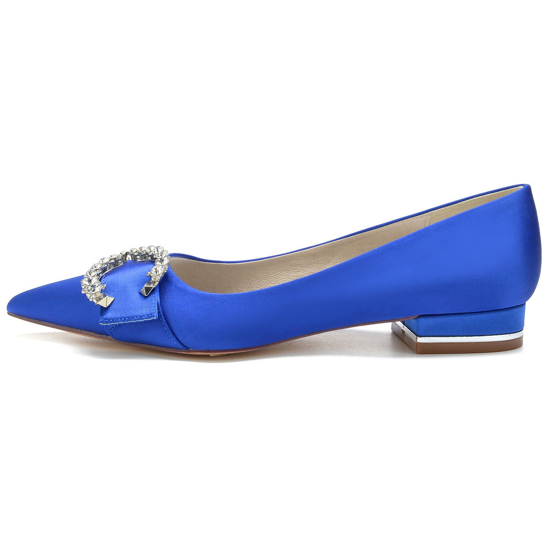 Chaussures de Mariage pour Femmes en Satin de Soie et Cristal, Chaussures de Mariée à Talon Bas et Bout Pointu