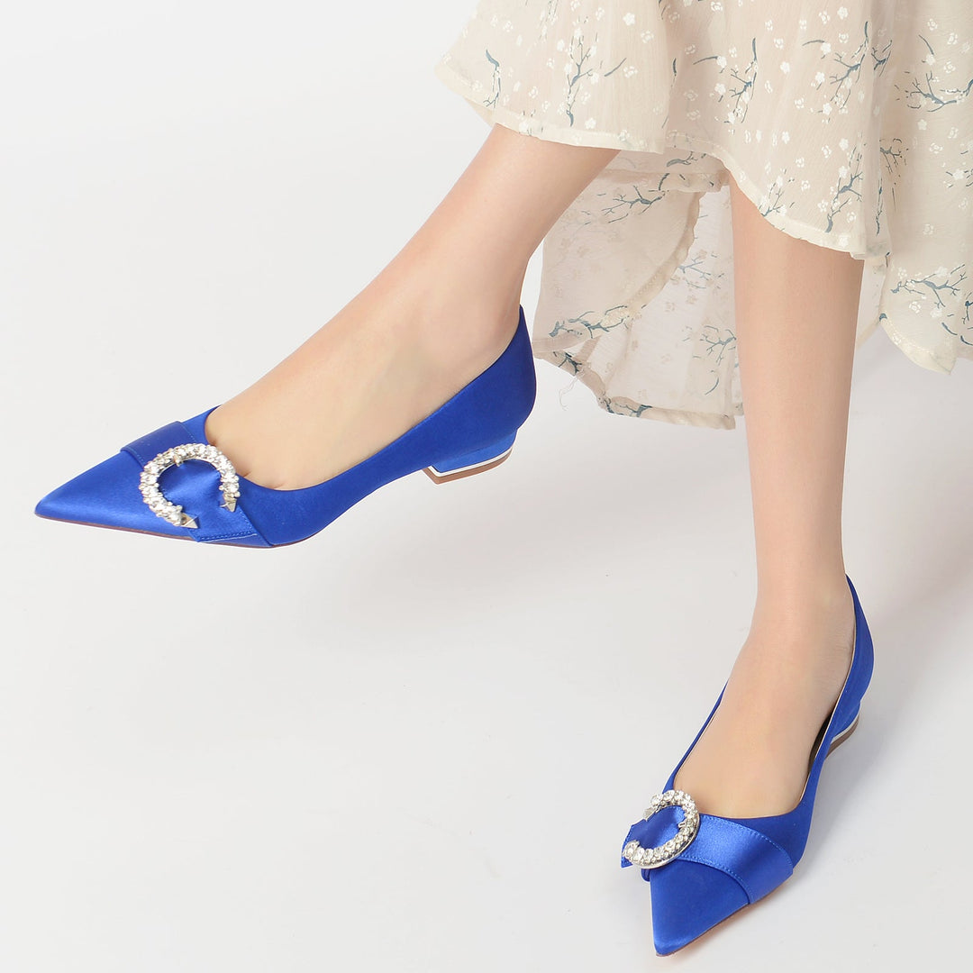 Chaussures de Mariage pour Femmes en Satin de Soie et Cristal, Chaussures de Mariée à Talon Bas et Bout Pointu