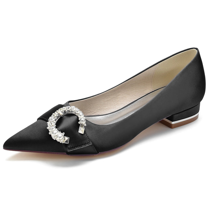 Chaussures de Mariage pour Femmes en Satin de Soie et Cristal, Chaussures de Mariée à Talon Bas et Bout Pointu