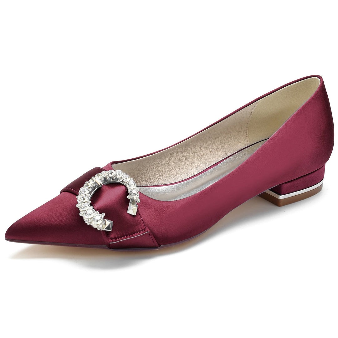 Chaussures de Mariage pour Femmes en Satin de Soie et Cristal, Chaussures de Mariée à Talon Bas et Bout Pointu