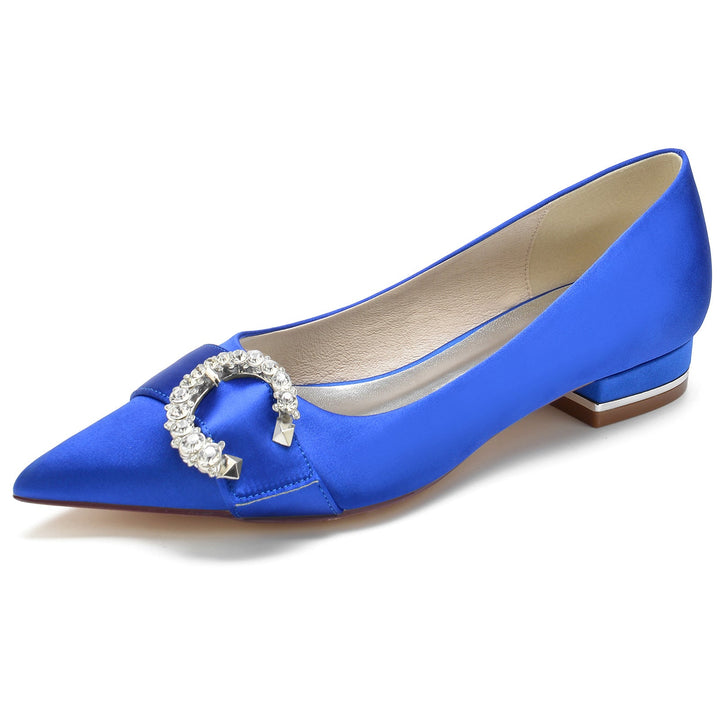 Chaussures de Mariage pour Femmes en Satin de Soie et Cristal, Chaussures de Mariée à Talon Bas et Bout Pointu