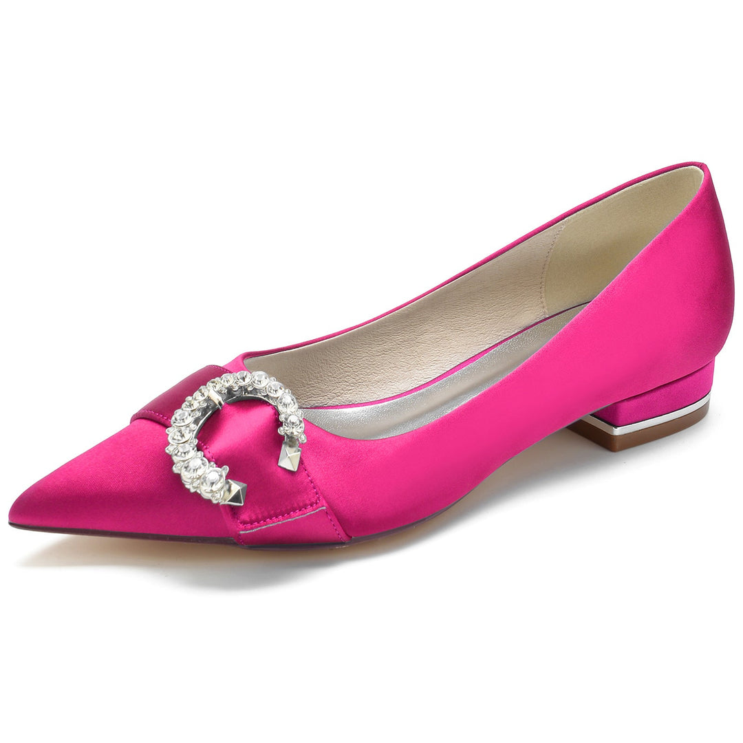 Chaussures de Mariage pour Femmes en Satin de Soie et Cristal, Chaussures de Mariée à Talon Bas et Bout Pointu