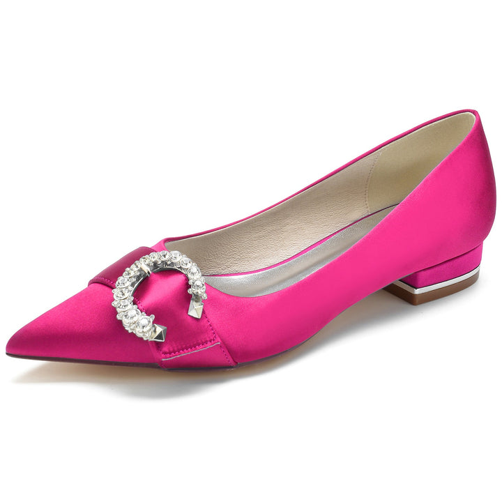 Chaussures de Mariage pour Femmes en Satin de Soie et Cristal, Chaussures de Mariée à Talon Bas et Bout Pointu