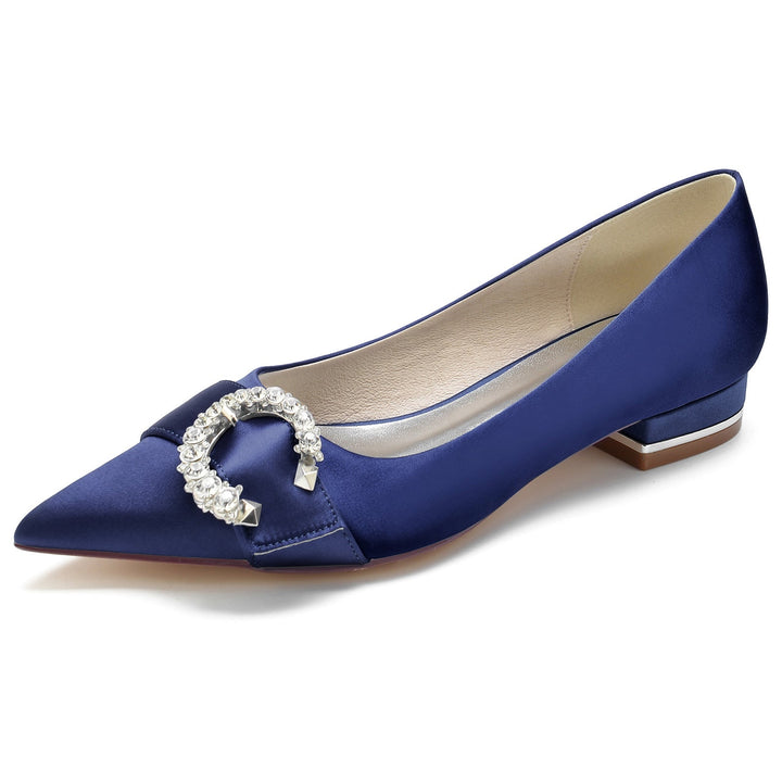 Chaussures de Mariage pour Femmes en Satin de Soie et Cristal, Chaussures de Mariée à Talon Bas et Bout Pointu