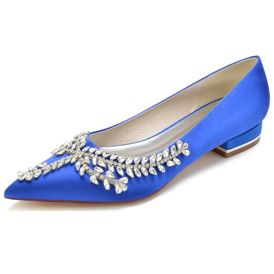 Chaussures de Mariage pour Femmes en Satin de Soie Strass Talon Bas Bout Fermé Chaussures de Mariée