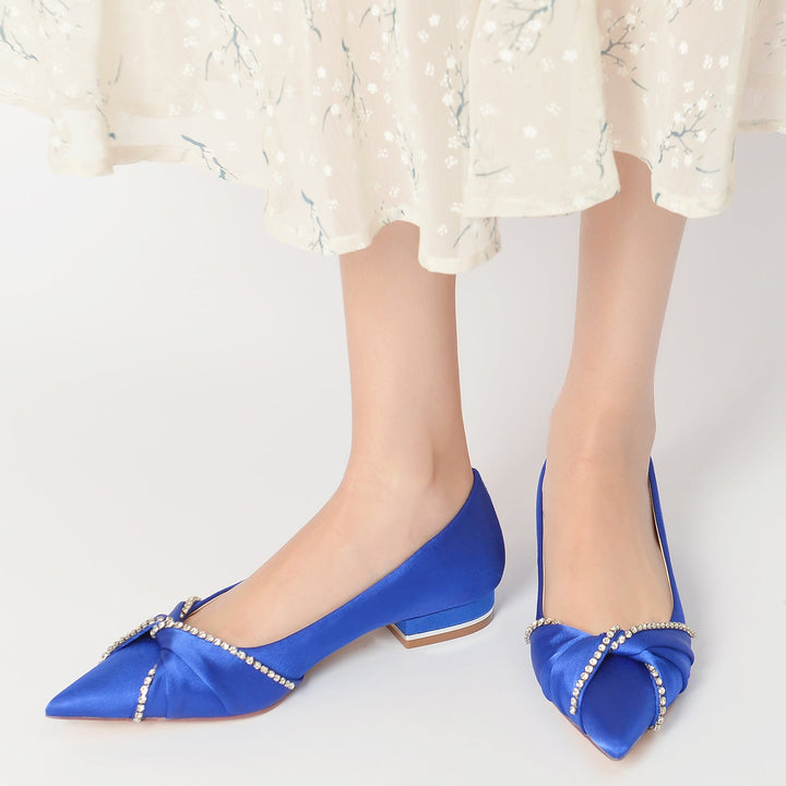Chaussures de Mariage pour Femmes en Satin de Soie Imitation Cristal Chaussures de Mariée à Bout Pointu Bas