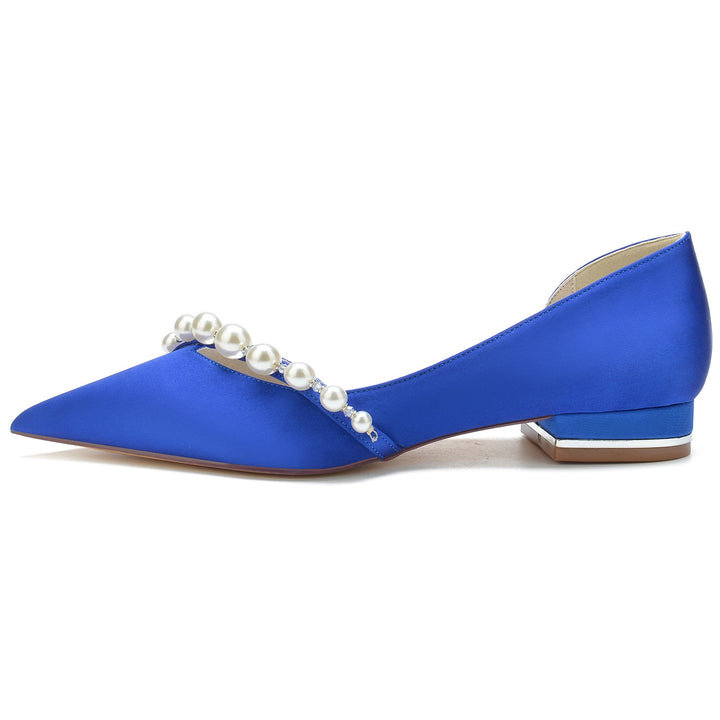 Chaussures de Mariage pour Femmes en Perles Blanches, Talons Bas, Bout Pointu, Chaussures de Mariée Minimalistes