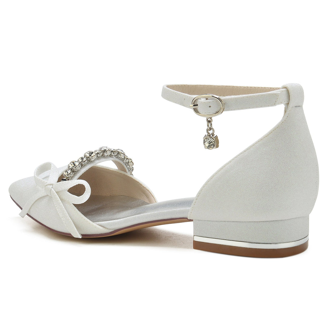 Chaussures de Mariage pour Femmes avec Nœud en Cristal et Paillettes, Bout Pointu, Boucle Basse, Chaussures de Mariée