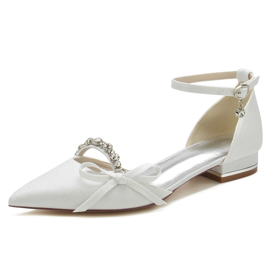 Chaussures de Mariage pour Femmes avec Nœud en Cristal et Paillettes, Bout Pointu, Boucle Basse, Chaussures de Mariée