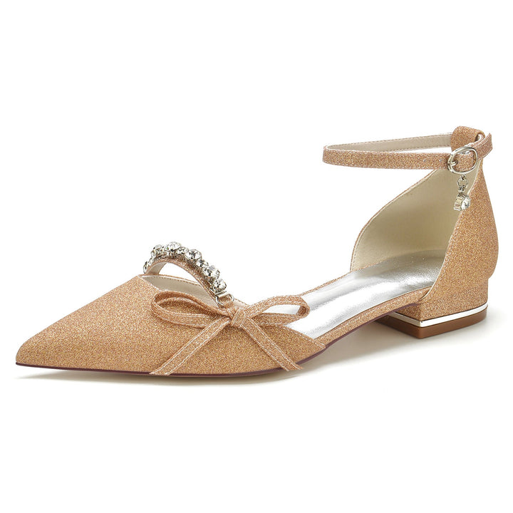 Chaussures de Mariage pour Femmes avec Nœud en Cristal et Paillettes, Bout Pointu, Boucle Basse, Chaussures de Mariée