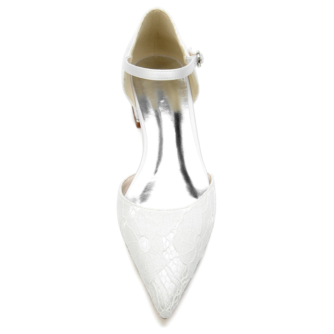Chaussures de Mariage pour Femmes en Satin de Soie et Dentelle à Bout Fermé avec Boucle en Cristal