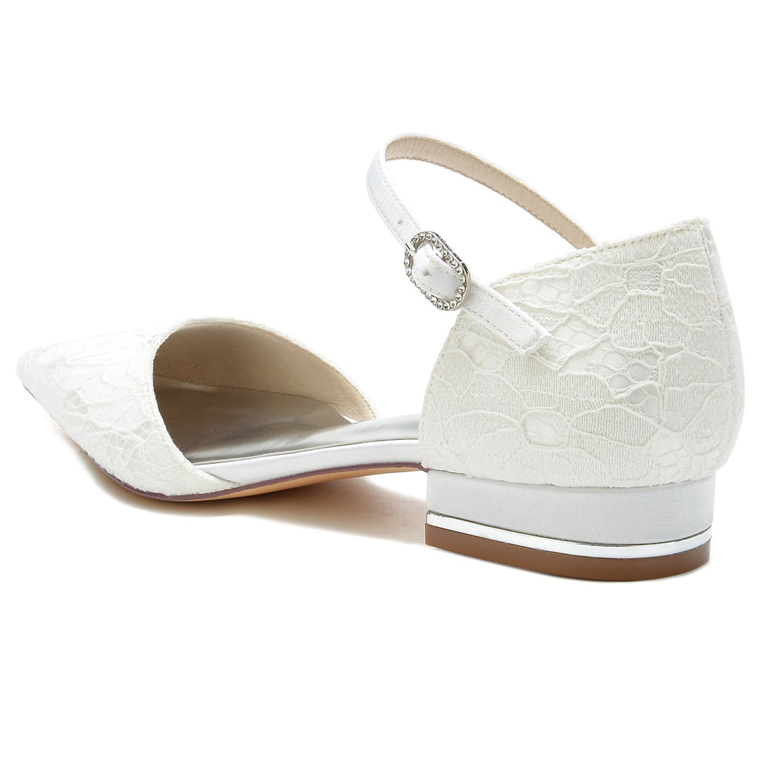 Chaussures de Mariage pour Femmes en Satin de Soie et Dentelle à Bout Fermé avec Boucle en Cristal