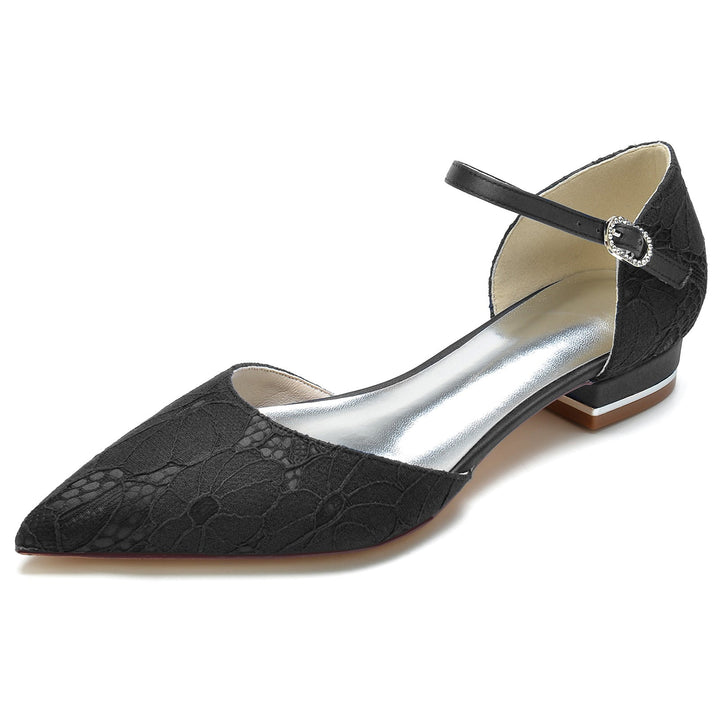 Chaussures de Mariage pour Femmes en Satin de Soie et Dentelle à Bout Fermé avec Boucle en Cristal
