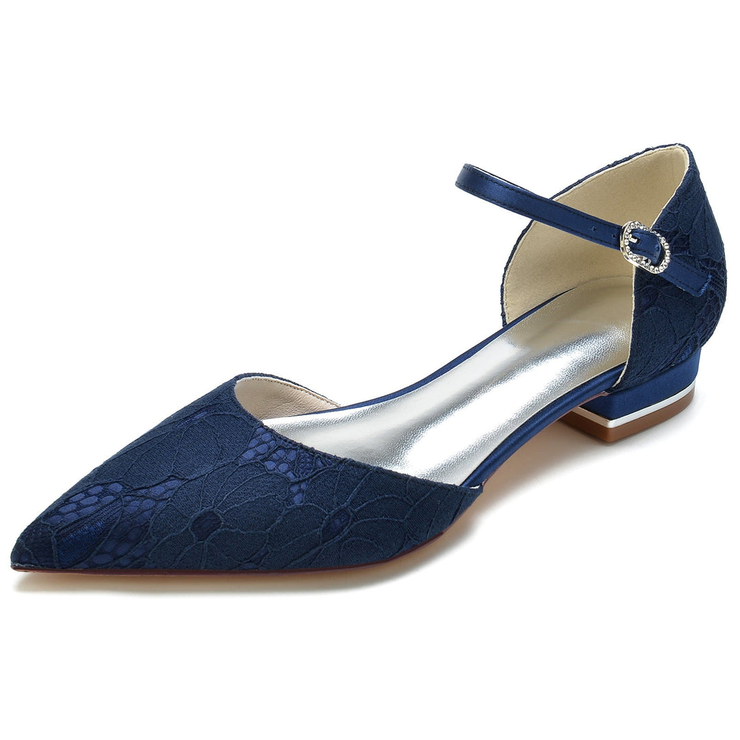 Chaussures de Mariage pour Femmes en Satin de Soie et Dentelle à Bout Fermé avec Boucle en Cristal