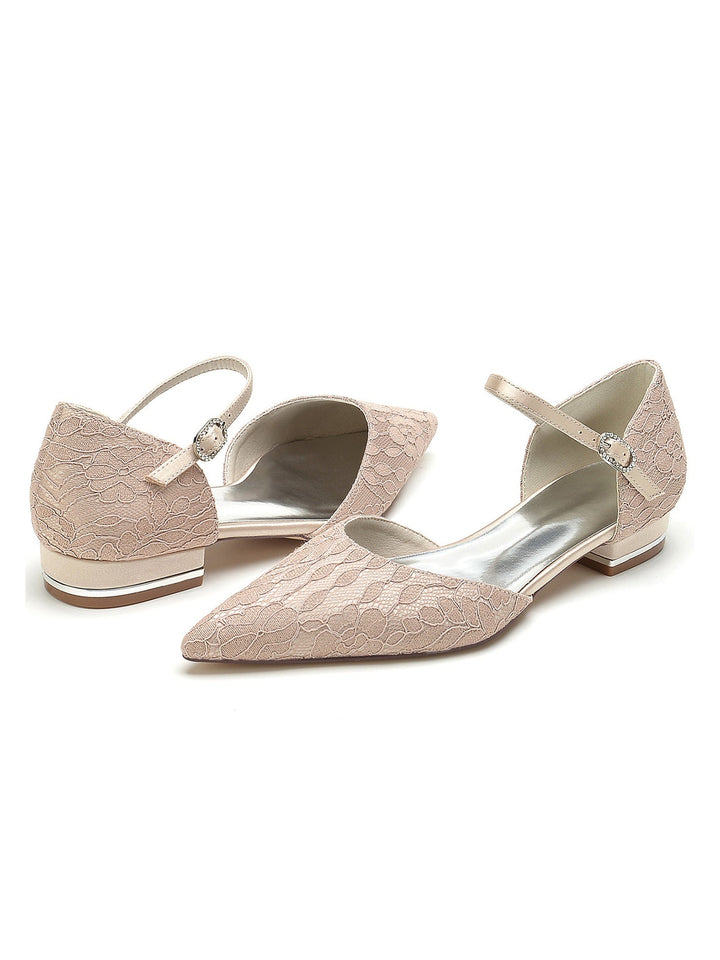 Chaussures de Mariage pour Femmes en Dentelle à Talon Bas et Bout Pointu pour Demoiselle D'Honneur