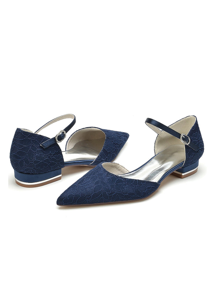 Chaussures de Mariage pour Femmes en Dentelle à Talon Bas et Bout Pointu pour Demoiselle D'Honneur