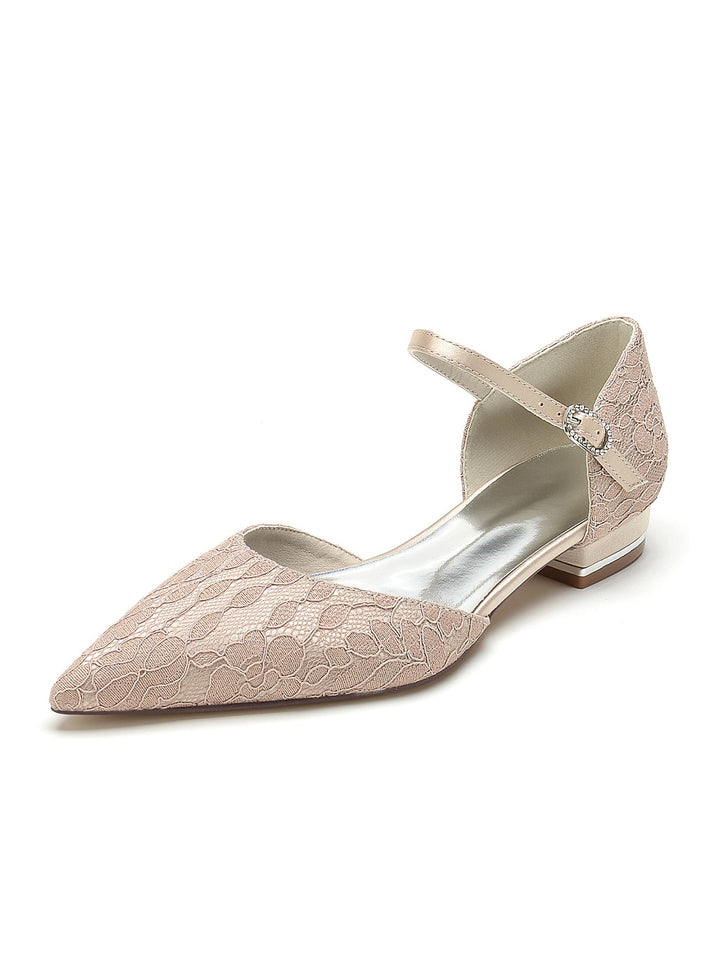 Chaussures de Mariage pour Femmes en Dentelle à Talon Bas et Bout Pointu pour Demoiselle D'Honneur